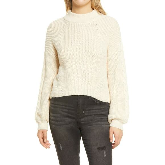 BP. Cable Knit Balloon Sleeve Sweater In Beige Oatmeal Light Heather X-Small $45 - Picture 1 of 6